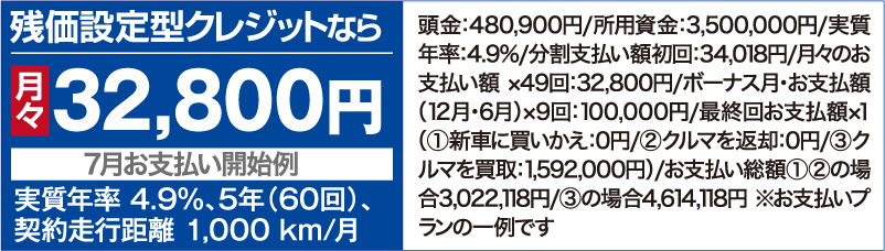 残価設定型クレジットなら月々32,800円【7⽉お⽀払い開始例】（実質年率 4.9％、5年（60回）、契約⾛⾏距離 1,000 km/⽉ ）頭⾦：480,900円/所用資金：3,500,000円/実質年率：4.9%/分割⽀払い額初回：34,018円/⽉々のお⽀払い額 ×49回：32,800円/ボーナス⽉・お⽀払額（12⽉・6⽉）×9回：100,000円/最終回お⽀払額×１（①新⾞に買いかえ：0円/②クルマを返却：0円/③クルマを買取：1,592,000円）/お支払い総額①②の場合3,022,118円/③の場合4,614,118円 ※お支払いプランの一例です