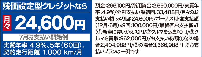 残価設定型クレジットなら月々24,600円【7⽉お⽀払い開始例】（実質年率 4.9％、5年（60回）、契約⾛⾏距離 1,000 km/⽉ ）頭⾦：266,100円/所用資金：2,650,000円/実質年率：4.9%/分割⽀払い額初回：33,488円/⽉々のお⽀払い額 ×49回：24,600円/ボーナス⽉・お⽀払額（12⽉・6⽉）×9回：100,000円/最終回お⽀払額×１（①新⾞に買いかえ：0円/②クルマを返却：0円/③クルマを買取：962,000円）/お支払い総額①②の場合2,404,988円/③の場合3,366,988円 ※お支払いプランの一例です