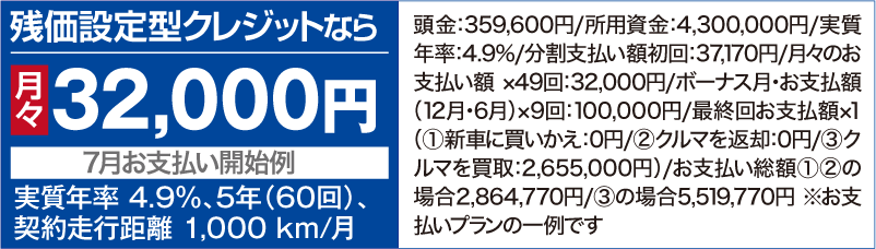 残価設定型クレジットなら月々32,000円【7⽉お⽀払い開始例】（実質年率 4.9％、5年（60回）、契約⾛⾏距離 1,000 km/⽉ ）頭⾦：359,600円/所用資金：4,300,000円/実質年率：4.9%/分割⽀払い額初回：37,170円/⽉々のお⽀払い額 ×49回：32,000円/ボーナス⽉・お⽀払額（12⽉・6⽉）×9回：100,000円/最終回お⽀払額×１（①新⾞に買いかえ：0円/②クルマを返却：0円/③クルマを買取：2,655,000円）/お支払い総額①②の場合2,864,770円/③の場合5,519,770円 ※お支払いプランの一例です