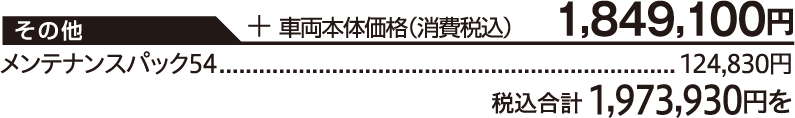 車両本体価格（消費税込）1,849,100円/【その他】メンテナンスパック54 124,830円/税込合計 1,973,930円を