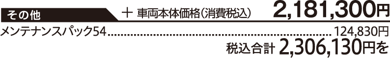 車両本体価格（消費税込）2,181,300円/【その他】メンテナンスパック54　124,830円/税込合計 2,306,130円を