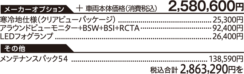 車両本体価格（消費税込）2,580,600円/【メーカーオプション】寒冷地仕様(クリアビューパッケージ) 25,300円、アラウンドビューモニター+BSW+BSI+RCTA 92,400円、LEDフォグランプ 26,400円【その他】メンテナンスパック５４ 138,590円/税込合計 2,863,290円を