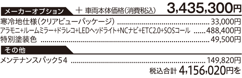 車両本体価格（消費税込）3,435,300円/【メーカーオプション】寒冷地仕様(クリアビューパッケージ) 33,000円、アラモニ+ルームミラー+ドラレコ+LEDヘッドライト+NCナビ+ETC2.0+SOSコール 488,400円、特別塗装色 49,500円【その他】メンテナンスパック５４ 149,820円/税込合計 4,156,020円を