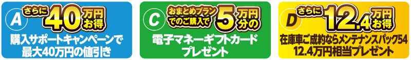 （A）購入サポートキャンペーンで最大40万円の値引き＋（C）おまとめプランでのご購入で5万円分の電子マネーギフトカードプレゼント＋（D）在庫車ご成約ならメンテナンスパック54分12.4万円相当プレゼント